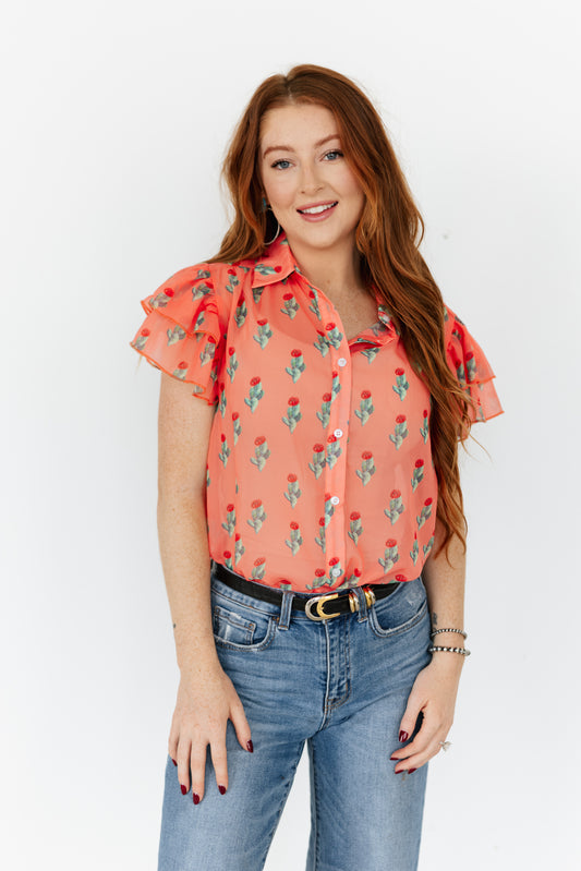 TH198 CORAL CACTUS DOUBLE FLUTTER BLOUSE (7 Piece)