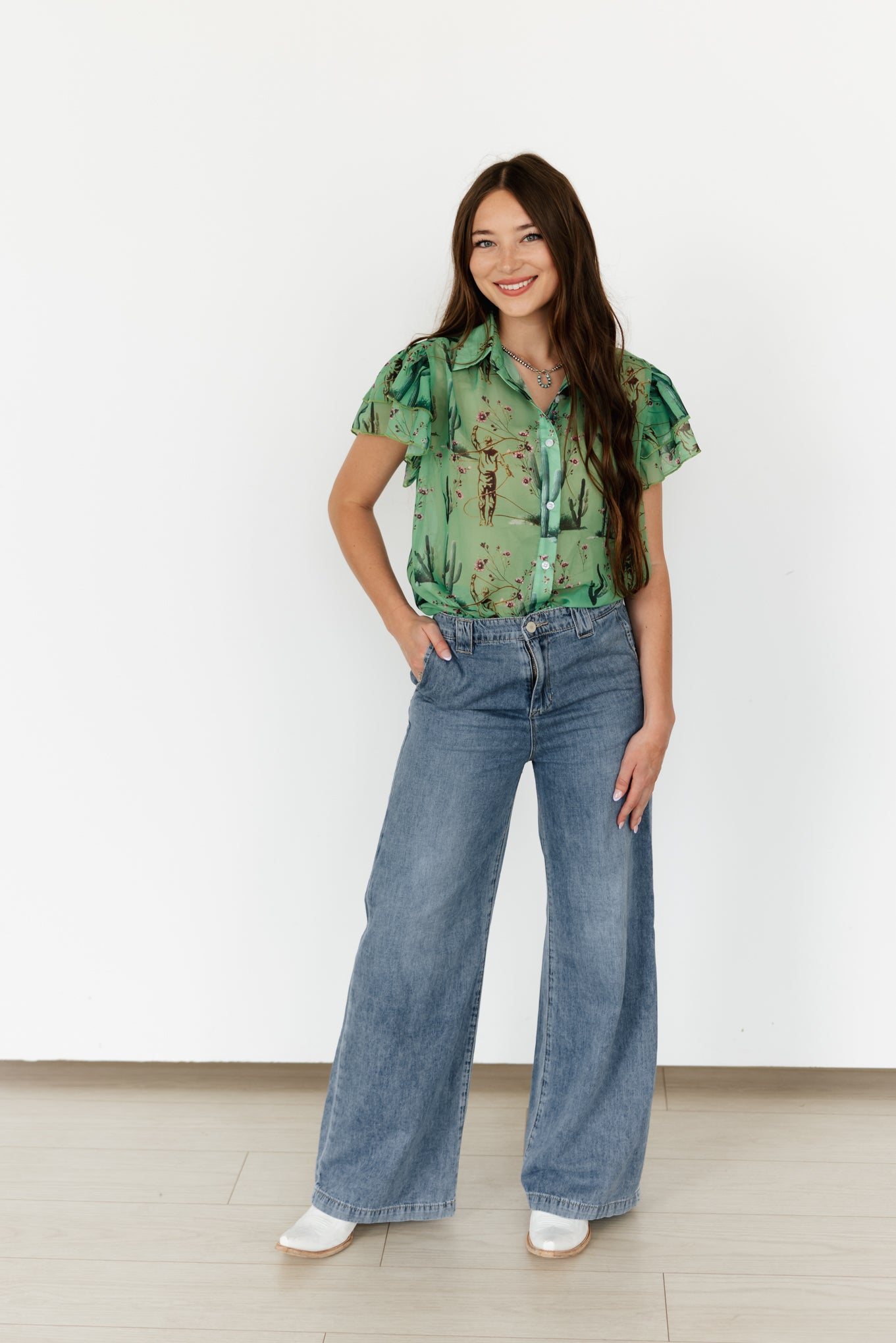 TH198 GREEN COWBOY CACTUS DOUBLE FLUTTER BLOUSE (7 Piece)
