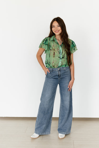 TH198 GREEN COWBOY CACTUS DOUBLE FLUTTER BLOUSE (7 Piece)