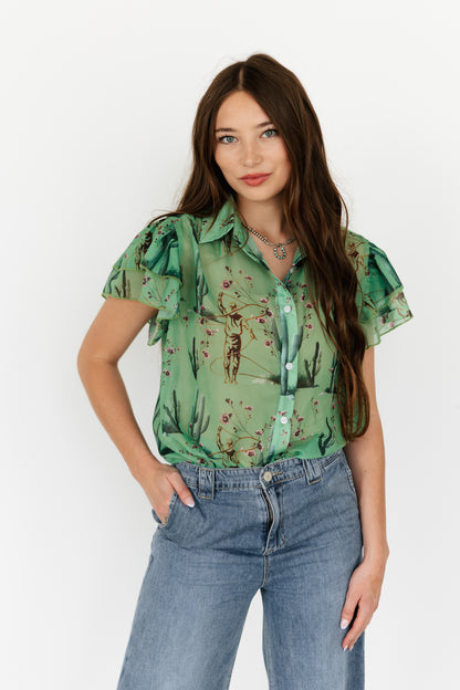 TH198 GREEN COWBOY CACTUS DOUBLE FLUTTER BLOUSE (7 Piece)
