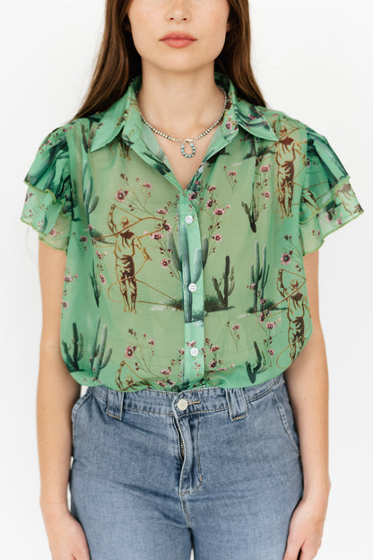 TH198 GREEN COWBOY CACTUS DOUBLE FLUTTER BLOUSE (7 Piece)