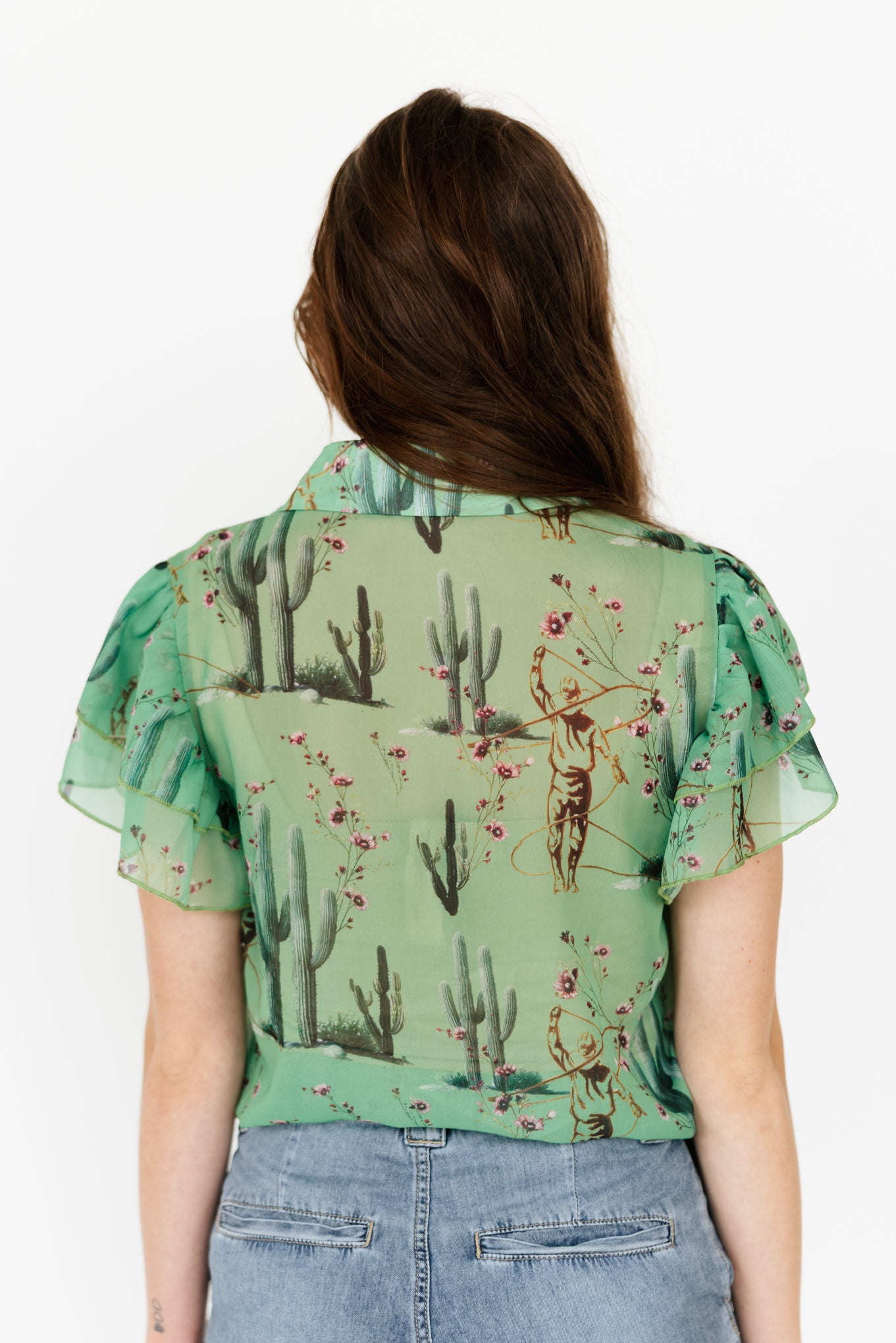 TH198 GREEN COWBOY CACTUS DOUBLE FLUTTER BLOUSE (7 Piece)