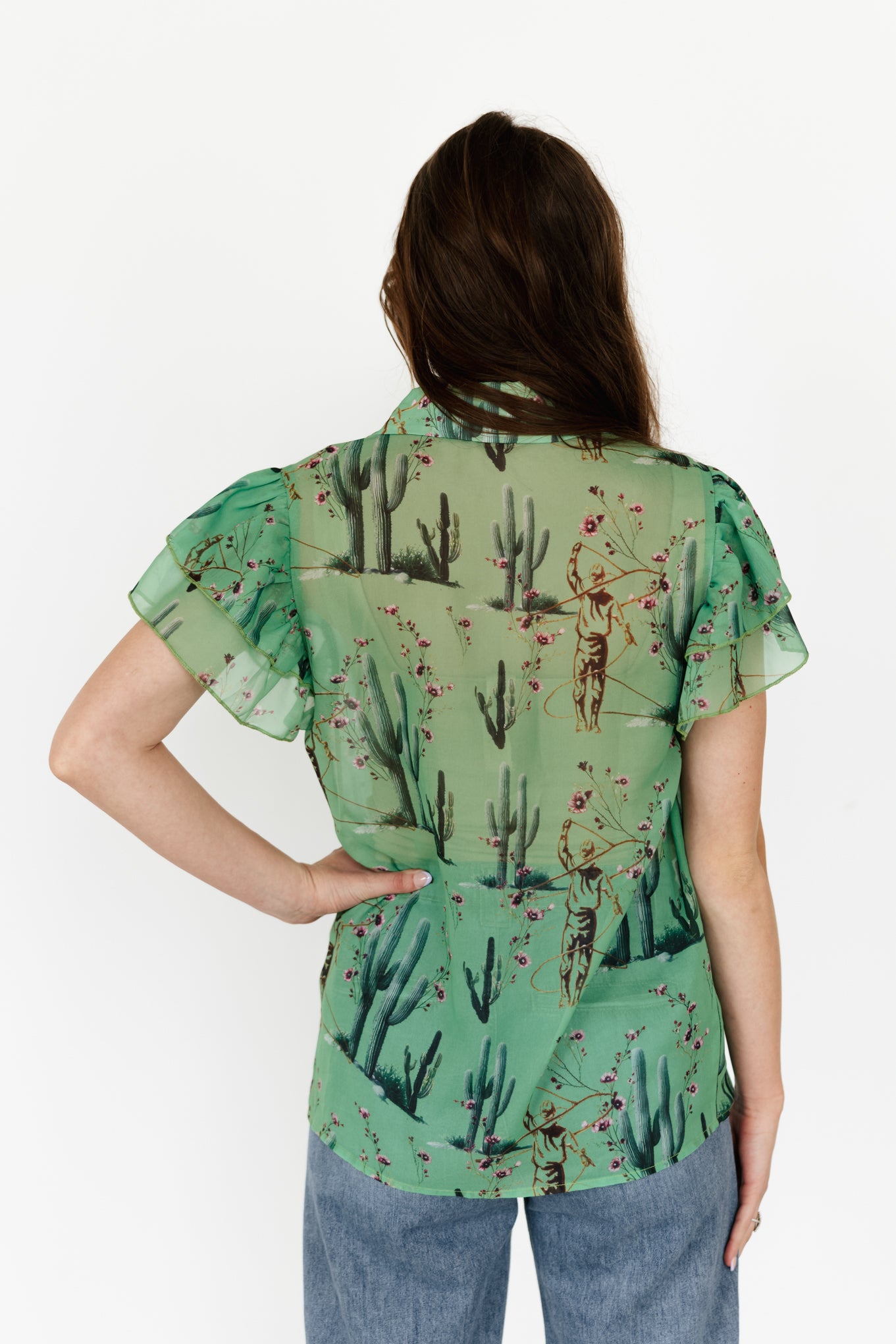 TH198 GREEN COWBOY CACTUS DOUBLE FLUTTER BLOUSE (7 Piece)