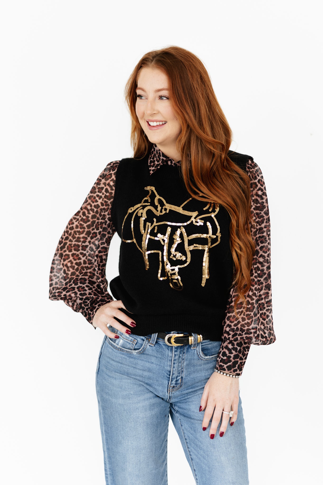 TH4214 SADDLE  BLACK GOLD SWEATER VEST