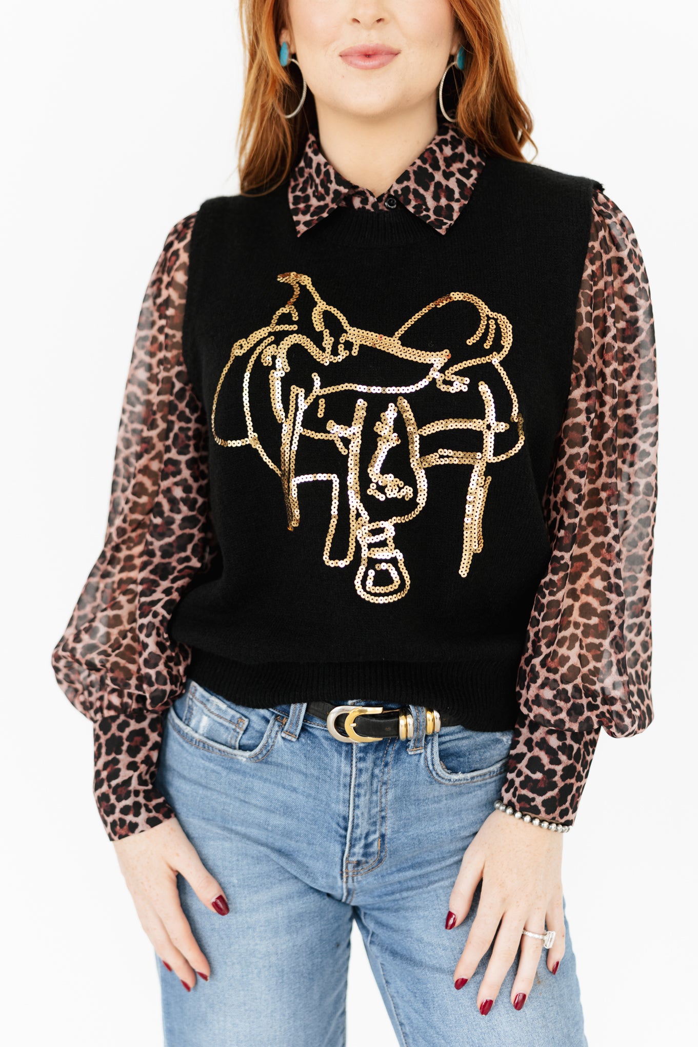 TH4214 SADDLE  BLACK GOLD SWEATER VEST