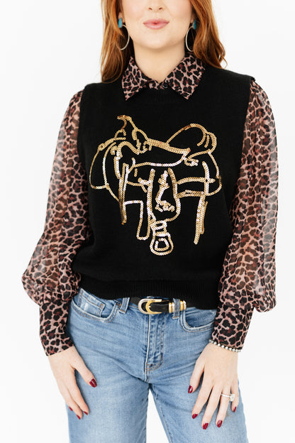 TH4214 SADDLE  BLACK GOLD SWEATER VEST