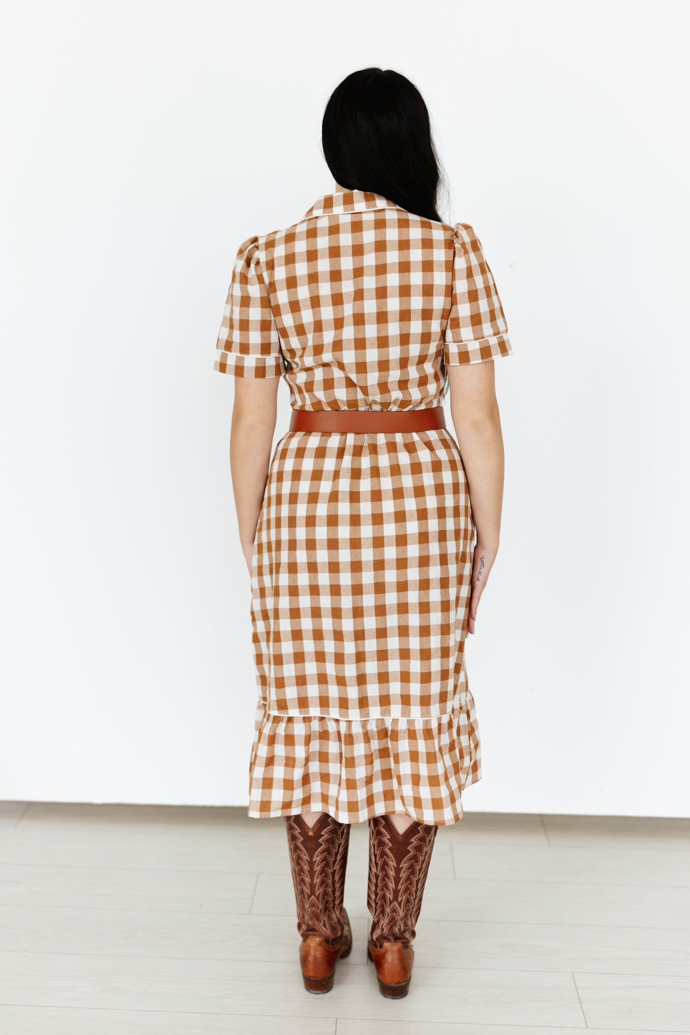TH2409 BROWN  GINGHAM DRESS (7 Piece)