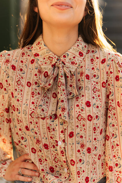 TH11-1 TAUPE STRIPE FLORAL TIE BLOUSE ( 7 PIECE)