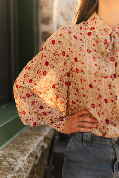 TH11-1 TAUPE STRIPE FLORAL TIE BLOUSE ( 7 PIECE)