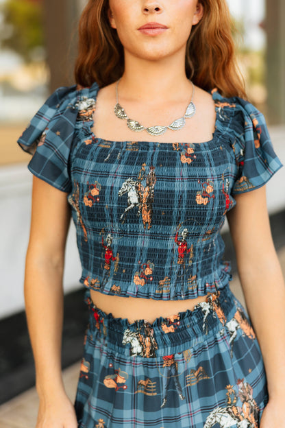 TH2303 NAVY WESTERN PLAID SMOCKED TOP ( 7 PIECE)