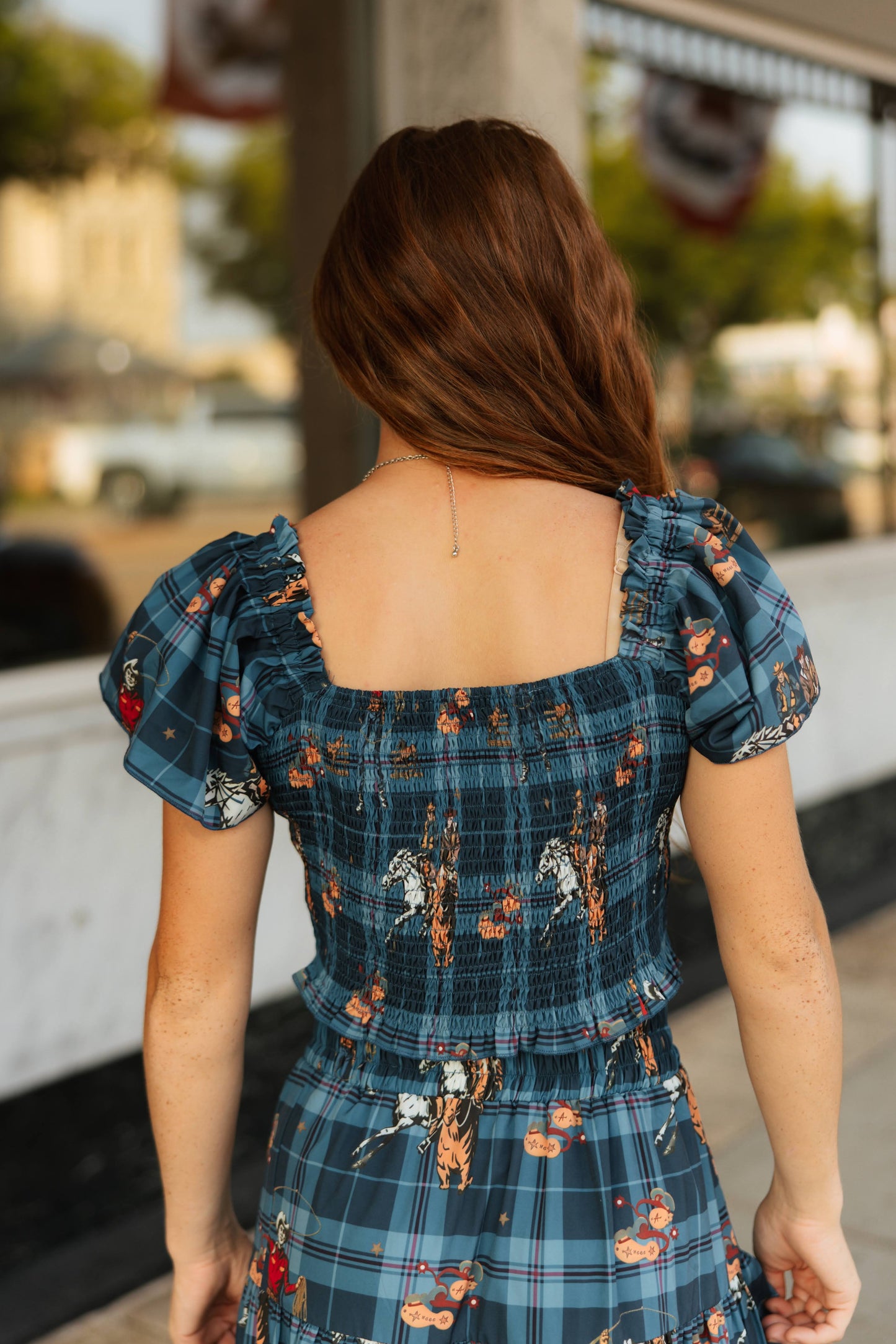 TH2303 NAVY WESTERN PLAID SMOCKED TOP ( 7 PIECE)