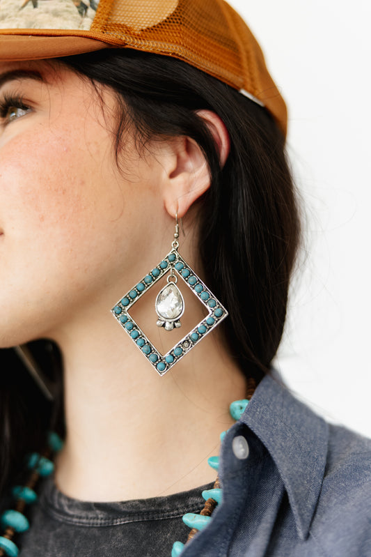 Diamond Turquoise W/ Center Crystal Earrings