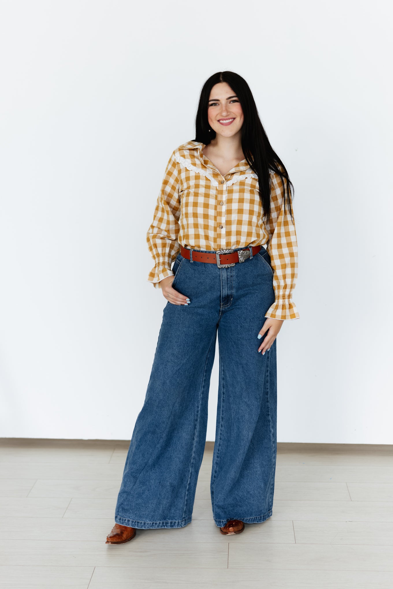 TH75  BROWN GINGHAM RUFFLE TOP (7 Piece)