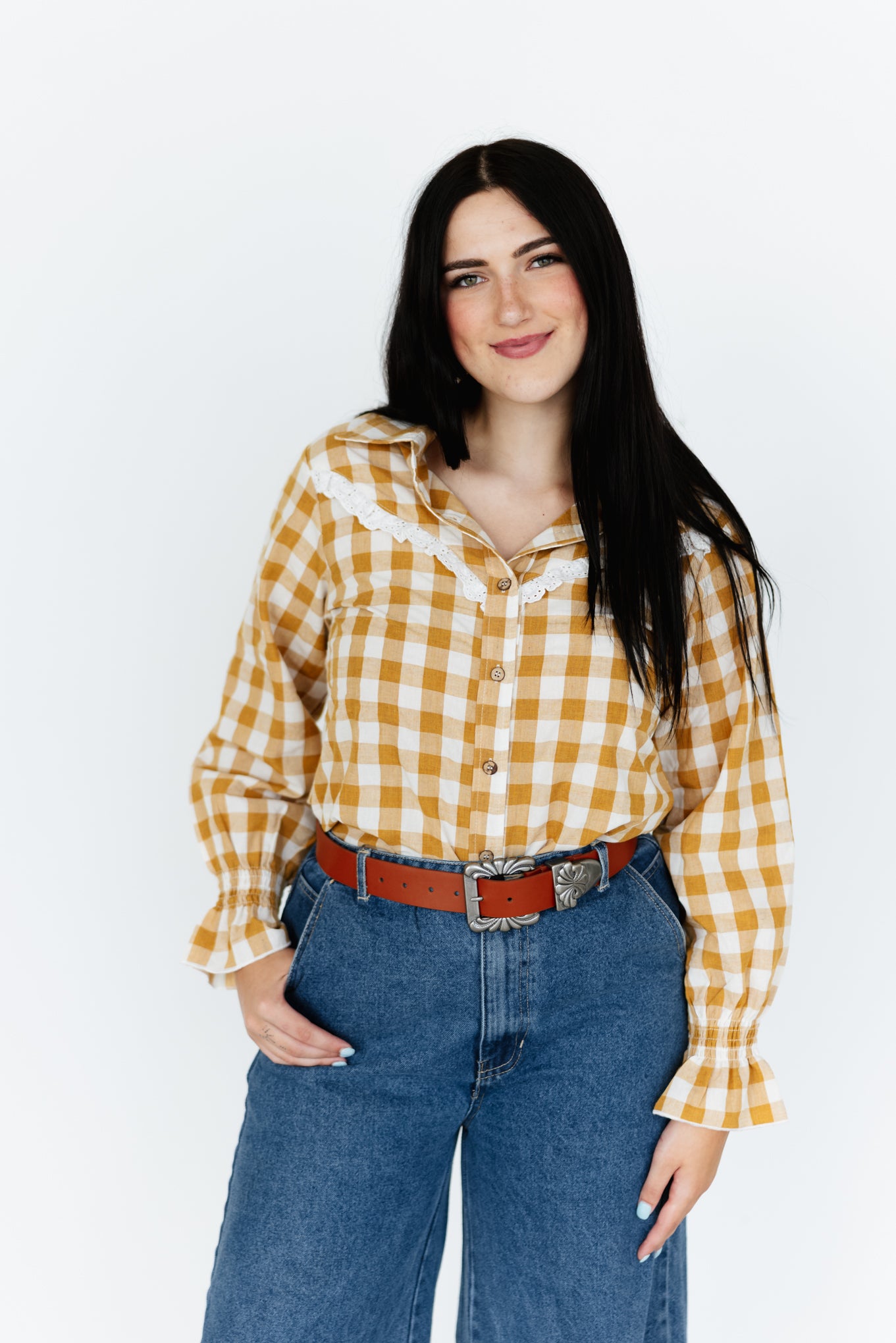 TH75  BROWN GINGHAM RUFFLE TOP (7 Piece)