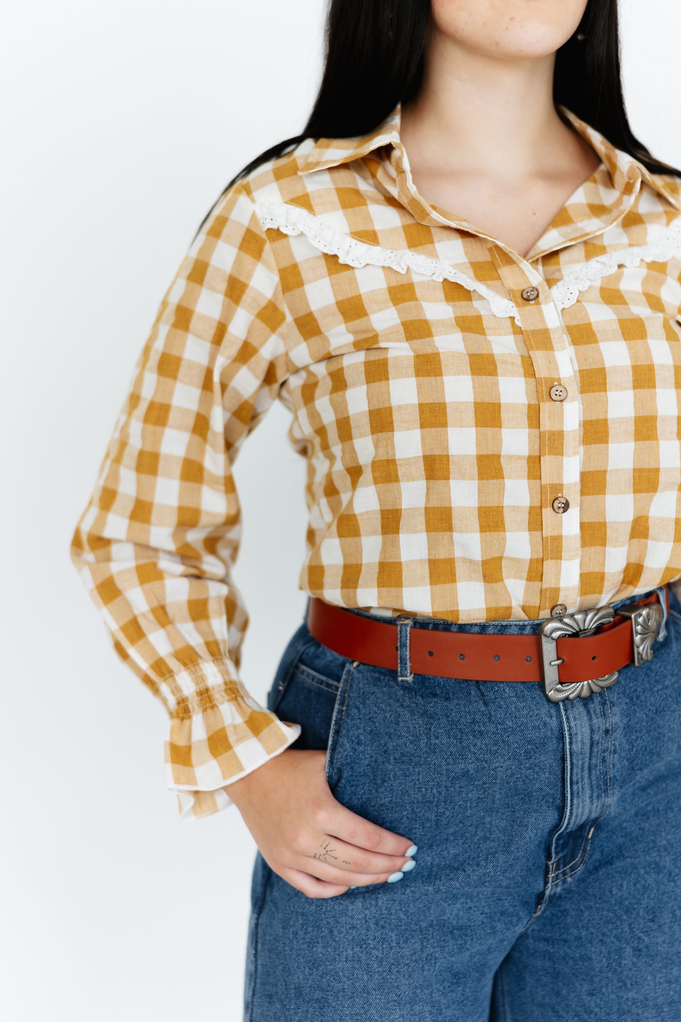 TH75  BROWN GINGHAM RUFFLE TOP (7 Piece)