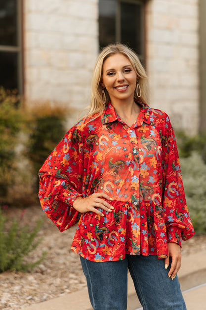 TH25 RED YEEHAW RUFFLE MESH BLOUSE (7 Piece)