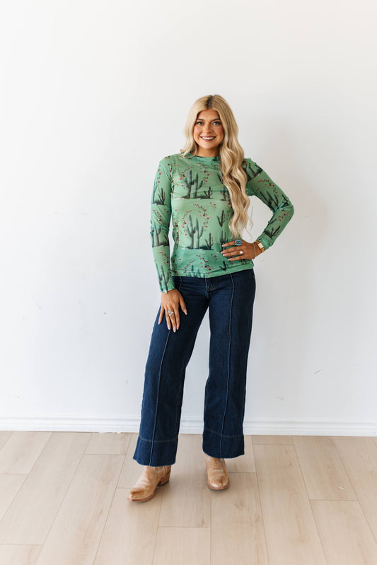 TH1221 GREEN FLORAL CACTUS MESH TOP (7 PIECES)