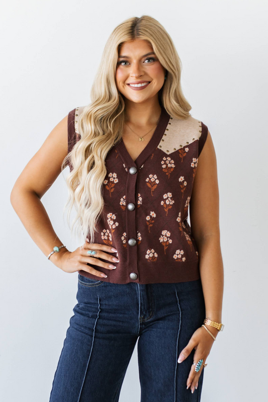 TH316 SWEATER VEST BROWN FLOWER CLUSTER ( 7 PIECE)