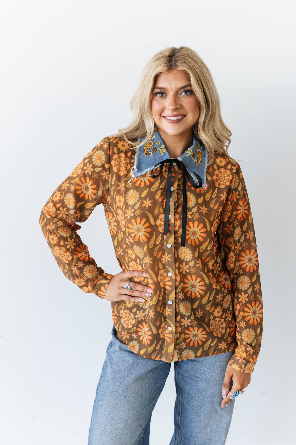 TH2882 RUST RETRO DENIM COLLAR PEARL SNAP TOP(7 Piece)