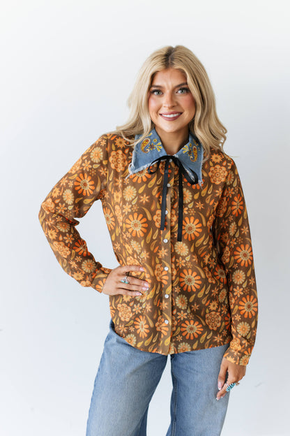 TH2882 RUST RETRO DENIM COLLAR PEARL SNAP TOP(7 Piece)