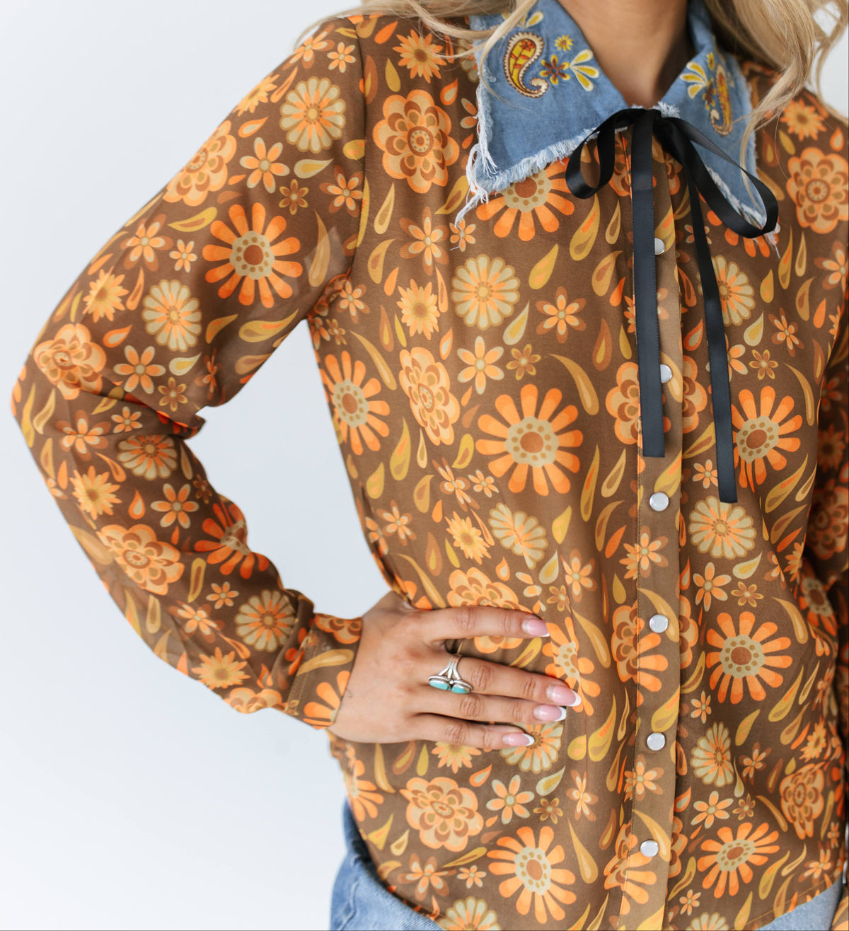 TH2882 RUST RETRO DENIM COLLAR PEARL SNAP TOP(7 Piece)