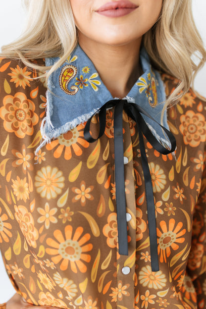TH2882 RUST RETRO DENIM COLLAR PEARL SNAP TOP(7 Piece)