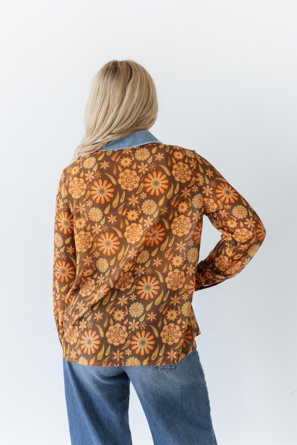 TH2882 RUST RETRO DENIM COLLAR PEARL SNAP TOP(7 Piece)