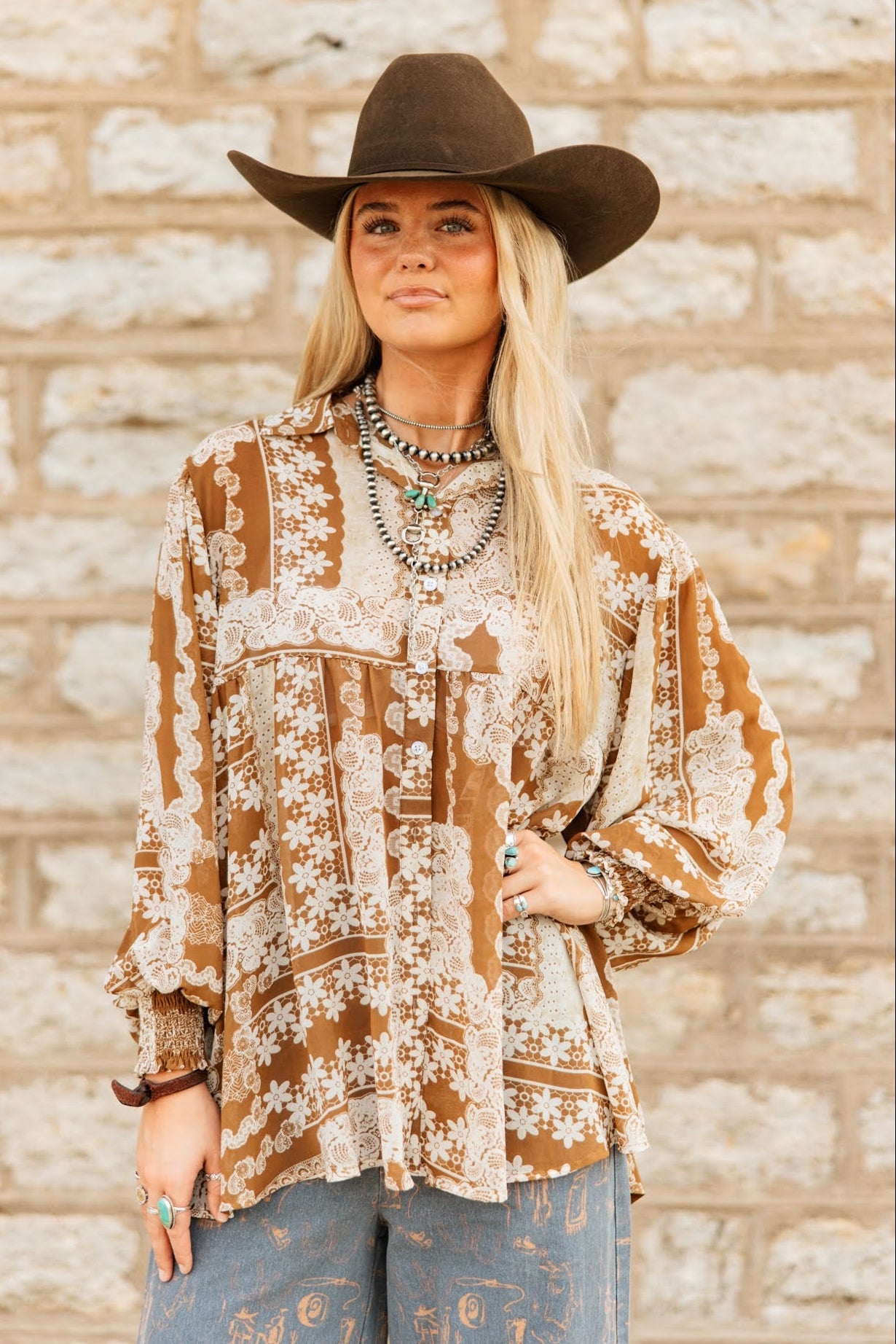 TH2776 BROWN LACE CHIFFON TOP (7 PIECE)