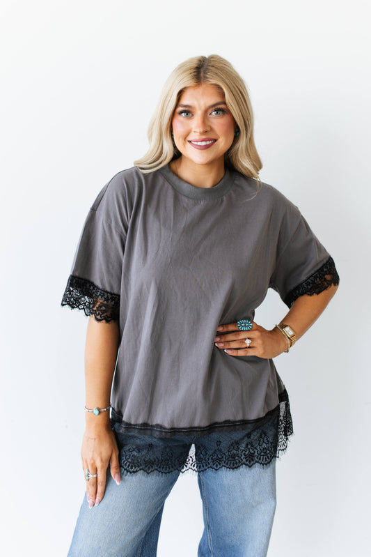 TH370 VINTAGE GREY WASH WITH LACE TRIM TEE (7 PIECE)