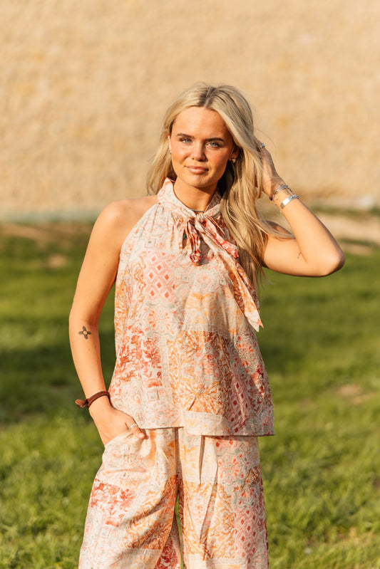 SLEEVELESS TIE TOP - PEACH PATCHWORK