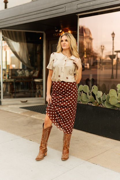 VR401 S112 BROWN DOT MESH SKIRT (OPEN)