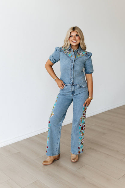 TH039P DENIM EMBROIDERY FLORAL JEANS