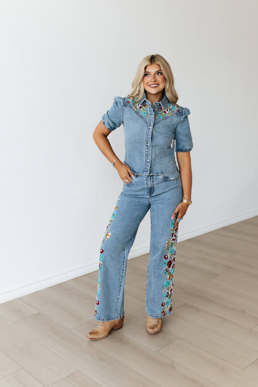 TH039S DENIM EMBROIDERY PUFF PEARL SNAP