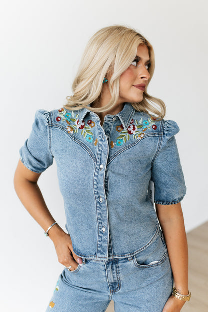 TH039S DENIM EMBROIDERY PUFF PEARL SNAP