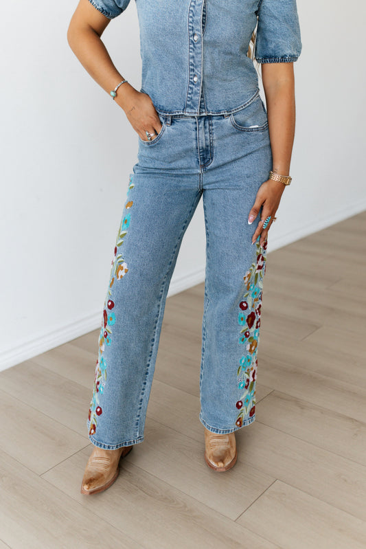TH039P DENIM EMBROIDERY FLORAL JEANS