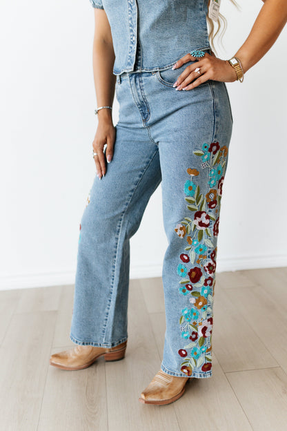 TH039P DENIM EMBROIDERY FLORAL JEANS