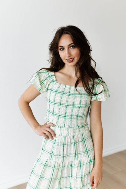 TH2303 GREEN PLAID  PLAID SMOCKED TOP