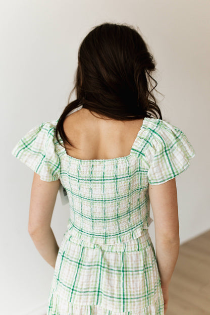 TH2303 GREEN PLAID  PLAID SMOCKED TOP