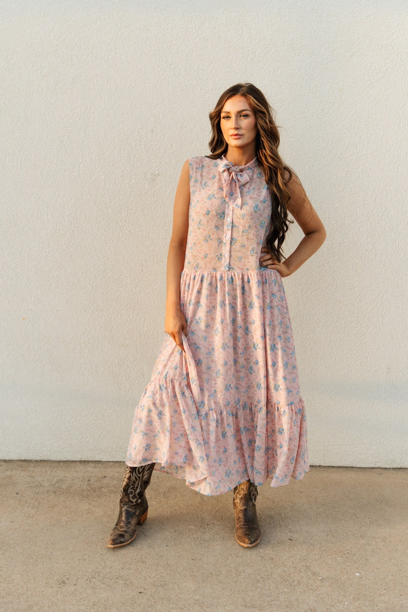 TH6210 PINK FLORAL TIE DRESS
