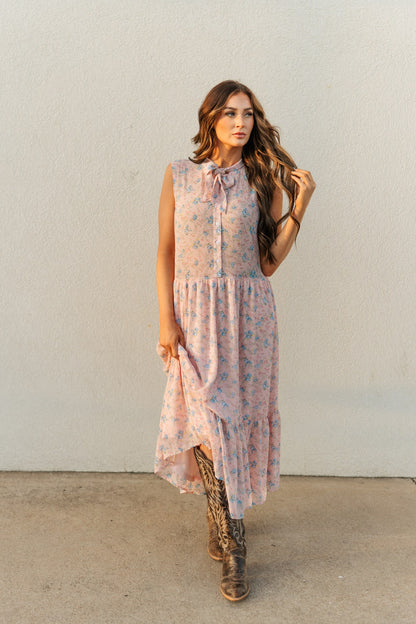 TH6210 PINK FLORAL TIE DRESS