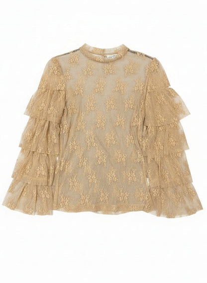 TH70 TAN  Lace Sleeve Ruffle LACE TOP (7 Piece)