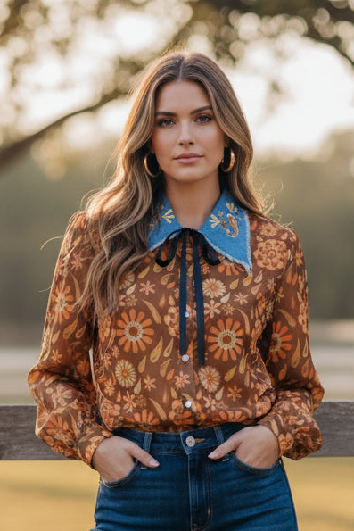 TH2882 RUST FLORAL DENIM COLLAR PEARL SNAP TOP(7 Piece)