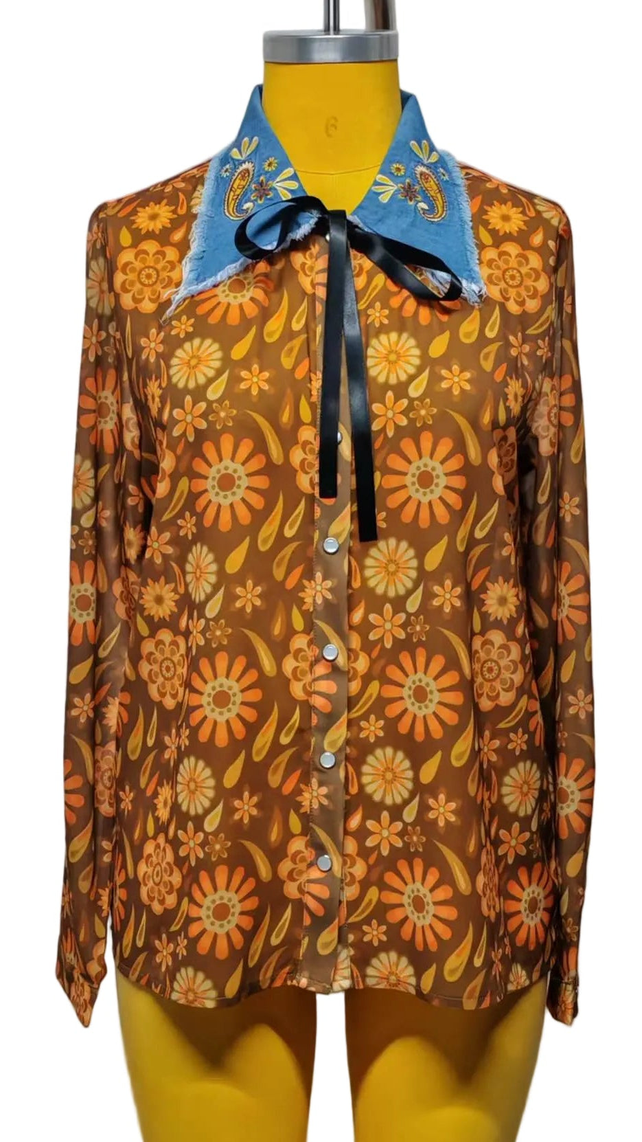 TH2882 RUST FLORAL DENIM COLLAR PEARL SNAP TOP(7 Piece)