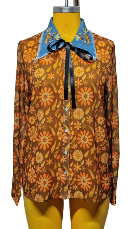 TH2882 RUST FLORAL DENIM COLLAR PEARL SNAP TOP(7 Piece)