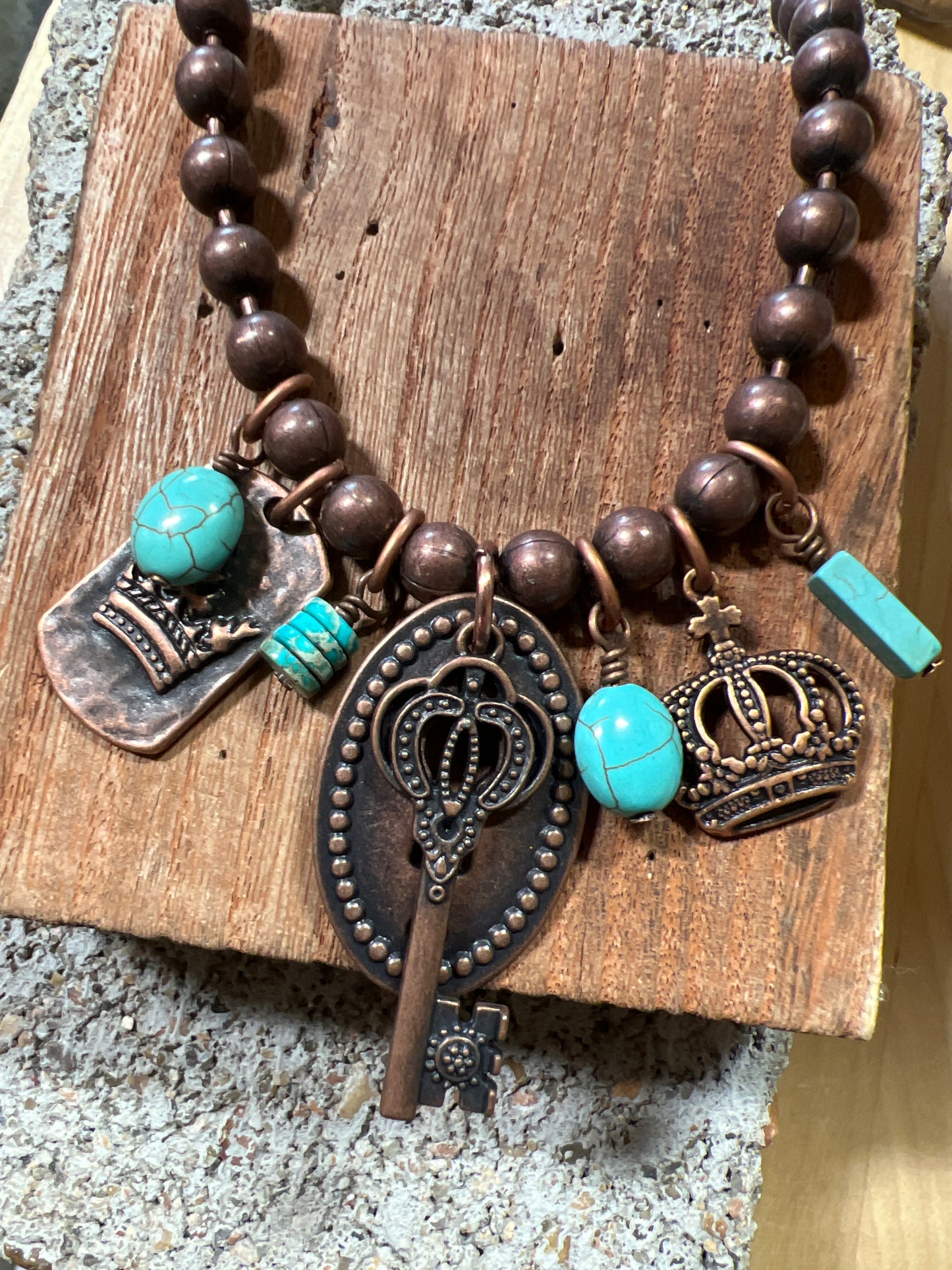 12571 N31 Copper-Tone Beaded Necklace with Royal Charms & Turquoise Accents