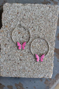 1775 T92 PINK BUTTERFLY HOOP EARRING