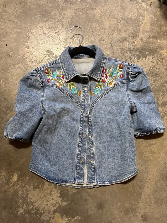 TH039S DENIM EMBROIDERY PUFF PEARL SNAP