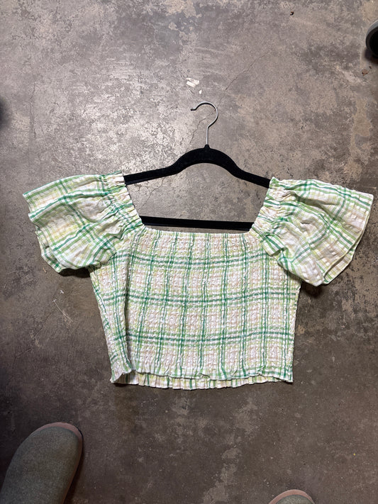 TH2303 GREEN PLAID  PLAID SMOCKED TOP