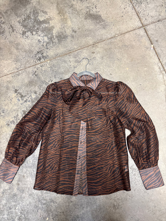 TH112 BROWN ZEBRA ORGANZA BLOUSE W/ TIE