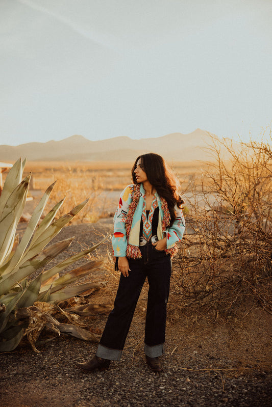 TH22402 TURQ RED AZTEC FRINGE CARDI (7 Piece)